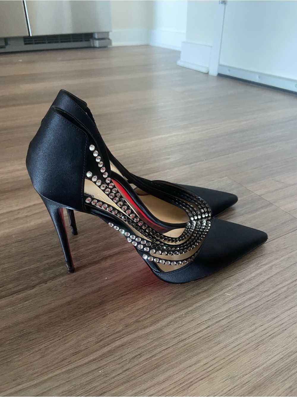 Christian Louboutin Black Satin Pointed Pumps with Crystal Wave Detail